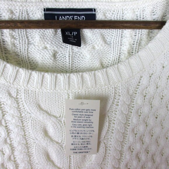 Lands' End Cable Sweater Drifter Knit Womens Cotton White Fisherman NWT $89 XL/P - Picture 3 of 7